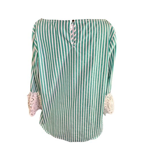 Liz Claiborne Green & White Striped Blouse W/ Lace Cuff Detail M Cotton Blend - Picture 3 of 9